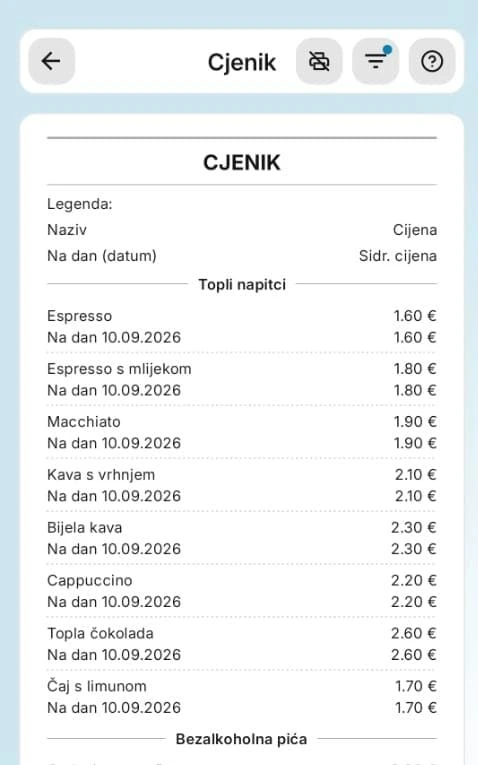 Zaslon aplikacije Fiskalna blagajna: cjenik s cijenom, datumom i sidrenom cijenom artikla