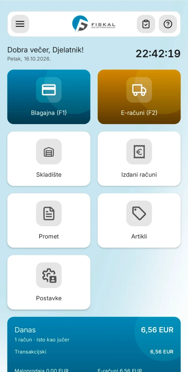 Početni zaslon aplikacije, pločica E-računi (F2)