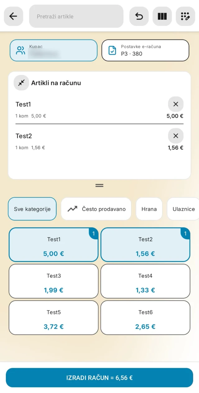 Artikli na računu i odabrani kupac
