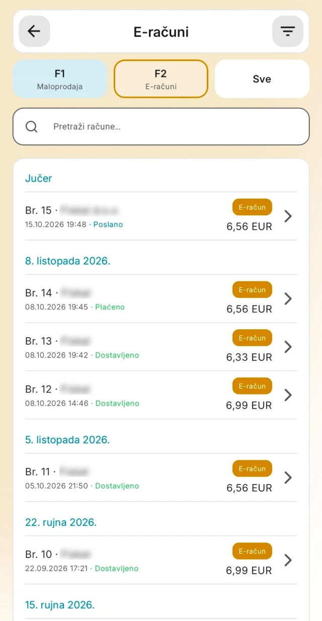Zaslon aplikacije Fiskalna blagajna: popis e-računa sa statusima
