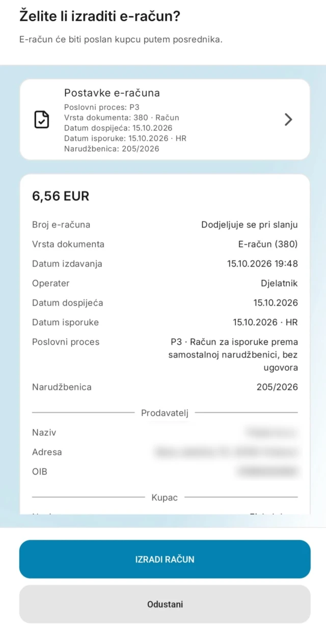 Zaslon aplikacije Fiskalna blagajna: Želite li izraditi e-račun?