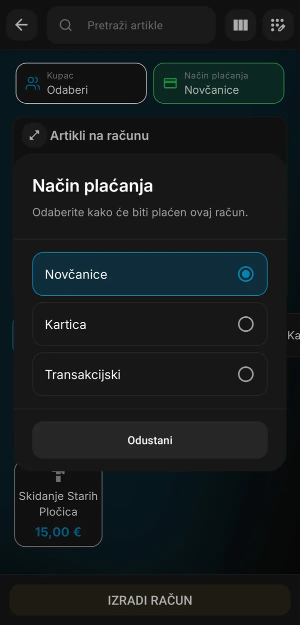 Odabir načina plaćanja: novčanice, kartica, transakcijski